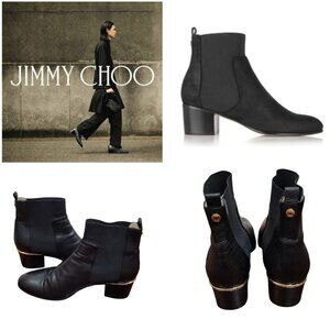 Jimmy Choo Black Leather Chelsea Ankle Boots US10/EU41 Gold Heel Accent Slip-On